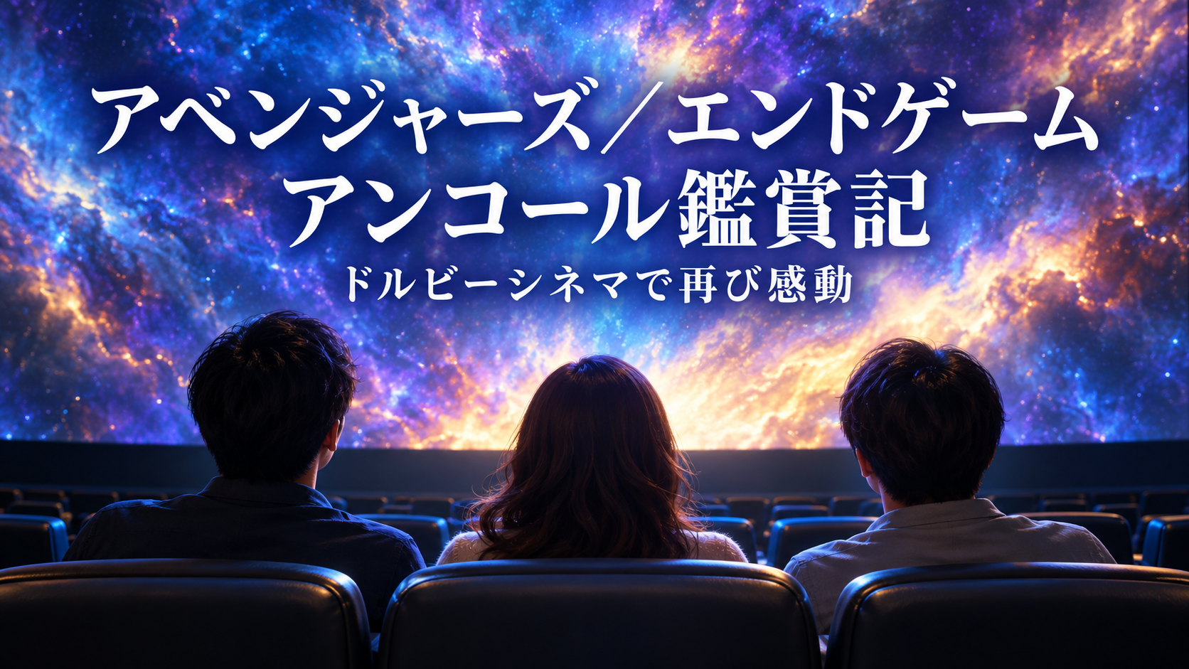 映画館でスクリーンを見つめる母と息子二人を描いた、エンドゲーム：アンコール鑑賞記のイラスト